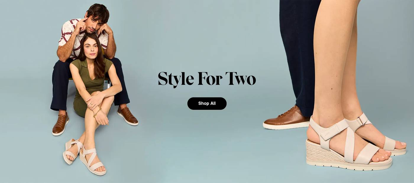 A woman wearing the Inca espadrille wedge sandal in Stone and a man wearing the Benji sneaker in Tan leather. ​